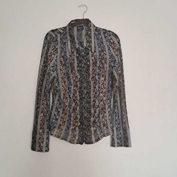 Vintage Y2K Tribal Top Shirt Women's 14 Embroidered Semi-Sheer Floral Ruched - Picture 1 of 11